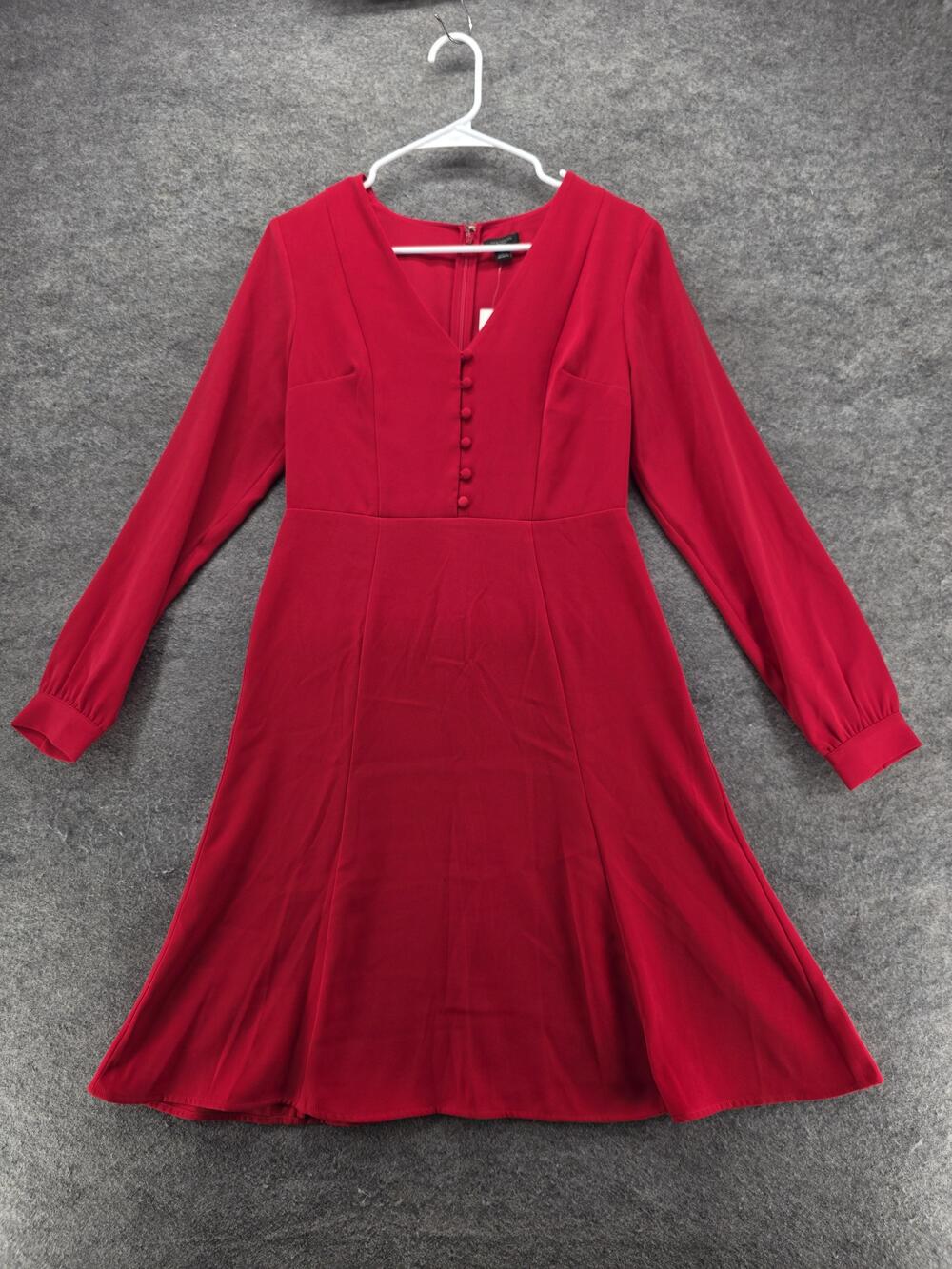 Ann Taylor Factory Dress Womens 2 Red Fit & Flare V-Neck Puff Sleeve Lined